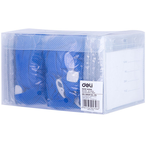 Бейдж горизонтальный DELI, 115x93мм (105x70 мм), пластиковый, на шнурке, синий 