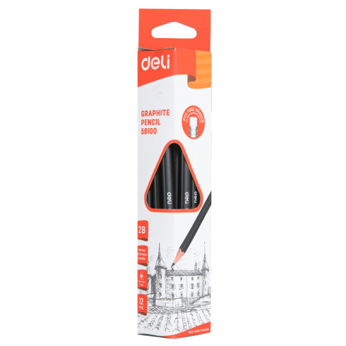 Карандаш DELI , 2В, трехгранный корпус, дерево, с ластиком, черный