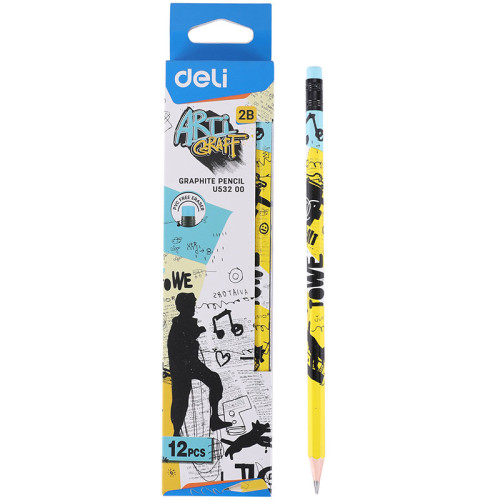 Карандаш DELI "Arti Graff", 2В, шестигранный корпус, дерево, с ластиком, ассорти