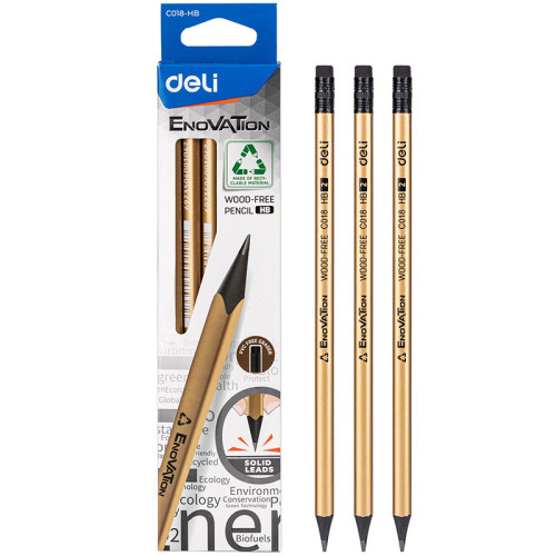 Карандаш DELI "EnoVation", НВ, трехгранный корпус, пластик, с ластиком, ассорти