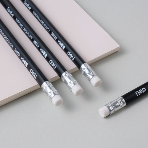 Карандаш DELI "Scribe", НВ, трехгранный корпус, дерево, с ластиком, черный