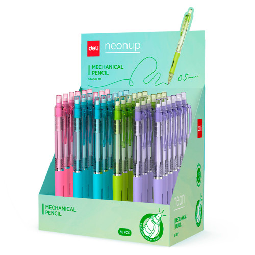 Карандаш механический DELI "Neonup", 0,5 мм, круглый корпус с ластиком, ассорти
