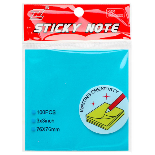 Клейкие листики "Sticky" 76 х 76 мм, неон-голубой, 100 листов