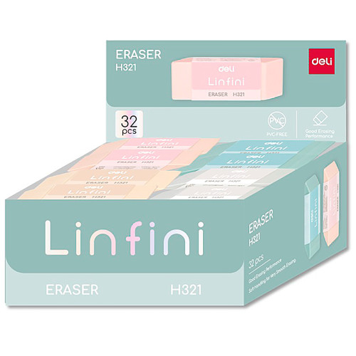 Ластик DELI "Linfini", прямоугольный, ассорти (54х20х10.5 мм)