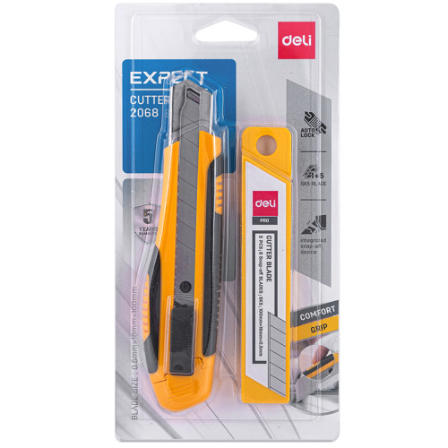 Набор DELI нож канцелярский 18 мм + лезвия, усиленный, прорезиненная ручка, блистер