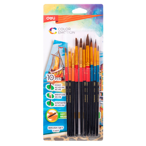 Набор кистей DELI "Color Emotion", 10 шт в уп., Пони №2,3,4,5,6, Щетина №6,8, Синтетика №2,3,4 Набор кистей DELI "Color Emotion", 10 шт в уп., Пони №2,3,4,5,6, Щетина №6,8, Синтетика №2,3,4