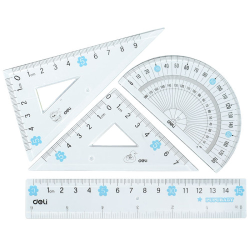Набор линеек Deli "PupuBaby" (треугольник .2 шт, линейка 15 см,транспортир), прозрачный