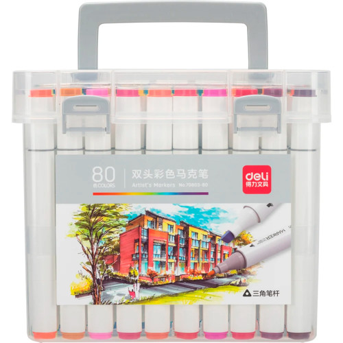 Набор маркеров для скетчинга DELI, двухсторонний 1/6 мм, 80 цветов, пластиковый кейс