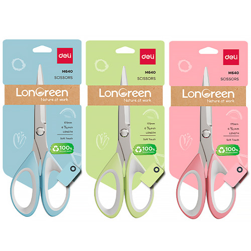 Ножницы DELI "LonGreen", 175 мм, нержавеющая сталь, ассорти