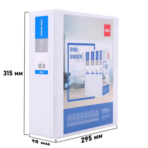 Папка презентационная DELI на 4-х кольцах, А4, с кармашком, корешок 98 мм, белая