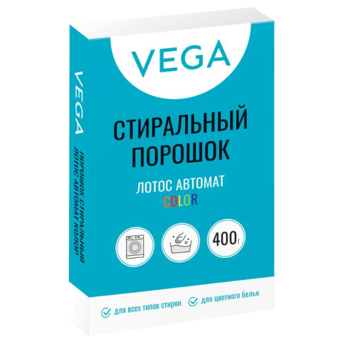 Порошок стиральный Vega, "Лотос Автомат Колор", 400 гр, карт. коробка Порошок стиральный Vega, "Лотос Автомат Колор", 400 гр, карт. коробка