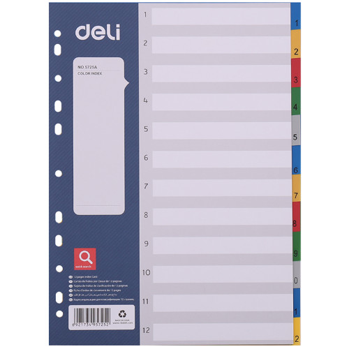 Разделитель пластиковый DELI, А4, 12 листов, цветной
