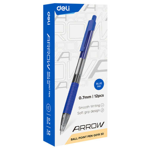 Ручка шариковая DELI "Arrow Q01930" автоматическая, 0,7 мм, синяя, грип