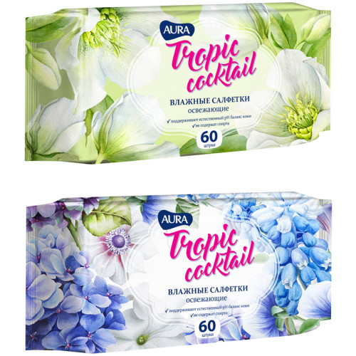 Салфетки влажные Aura "Tropic coctail", 60 штук в упаковке