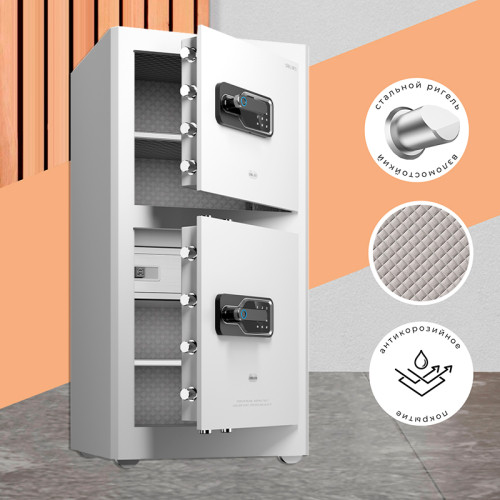 Сейф DELI "AE134" биометрический + электронный замок + ключ, 490х440х1000 мм, 61 кг, белый