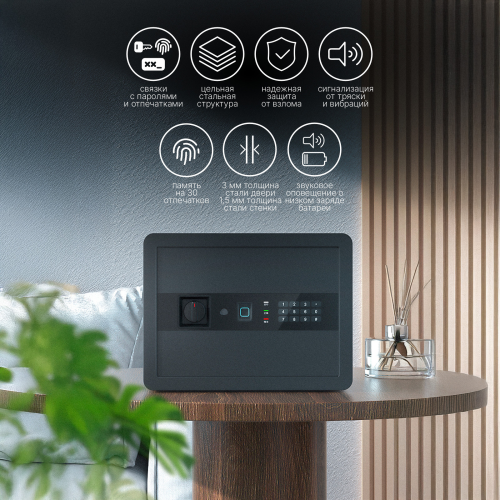 Сейф DELI "AE210" биометрический + электронный замок + ключ + Wi-Fi, 300х400х300 мм, 11 кг, черный