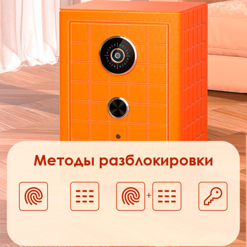 Сейф DELI "AE691-Z" биометрический + электронный замок + ключ, 430х400х600 мм, 52 кг, оранжевый