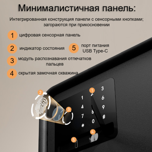 Сейф LockSworth биометрический + электронный замок + ключ, 250х360х250 мм, 6 кг, черный
