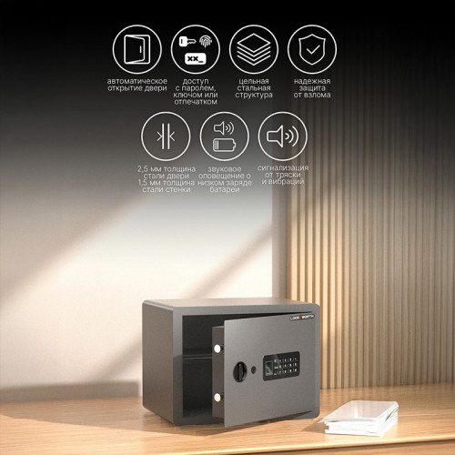 Сейф LockSworth биометрический + электронный замок + ключ, 400х300х300 мм, 10 кг, черный