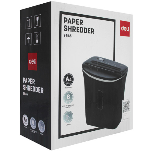 Шредер Deli, 4 уровень секретности (4х30мм), 6 листов, 12 литров, черный
