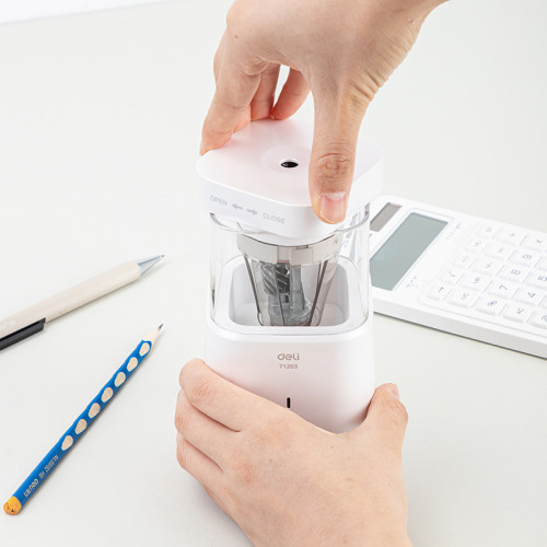 Точилка DELI "71203" электрическая, автоматическая, 1 отверстие, с контейнером, белая