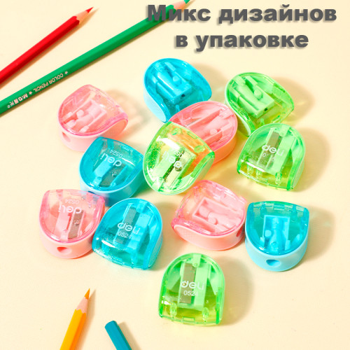 Точилка DELI "Comiko" 0524, пластиковая, 1 отверстие, с контейнером, ассорти