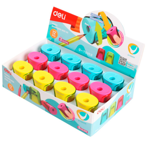 Точилка DELI "U-touch"  пластиковая, 1 отверстие, с контейнером, асоорти