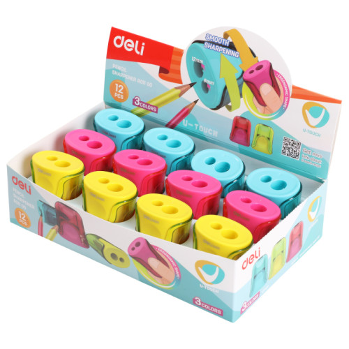Точилка DELI "U-touch"  пластиковая,  2 отверстия, с контейнером, ассорти