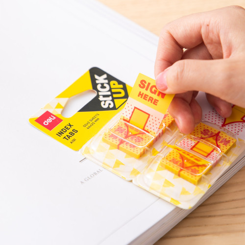 Закладки клейкие DELI "Подпишите здесь" 44 х 25 мм, 100  листов, диспенсер