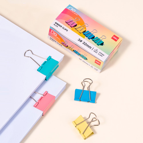 Зажимы для бумаг DELI "RIO", 32 мм, цветные, (12 шт.)