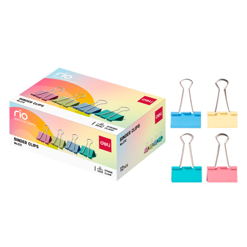 Зажимы для бумаг DELI "RIO", 41 мм, цветные, (12 шт.)