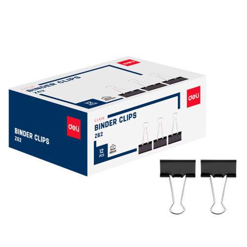 Зажимы для бумаг DELI "Z62", 41 мм, черные, (12 шт.)