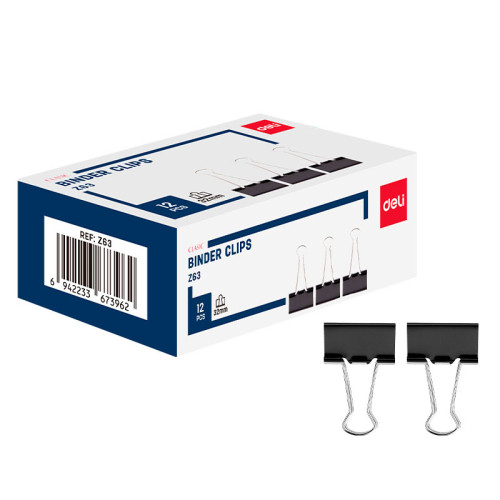 Зажимы для бумаг DELI "Z63", 32 мм, черные, (12 шт.)