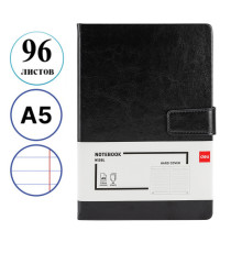 Ежедневник недатированный Deli, А5, 96 листов, в линейку, на магните, кожзам, черный