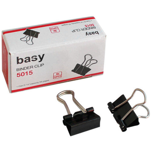 Зажимы для бумаг BASY, 15 мм, черные, (12 шт)