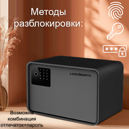 Сейф LockSworth биометрический + электронный замок + ключ, 250х360х250 мм, 6 кг, черный