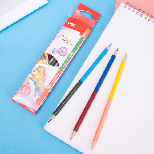 Карандаши цветные Deli "ColoRun", двухсторонние, 6 штук, 12 цветов, дерево, картон