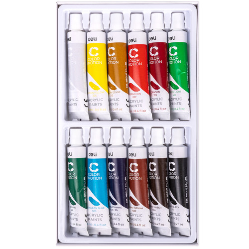 Краски акриловые DELI "Color Emotion" художественные, глянцевые, 12 цветов по 12 мл., картон