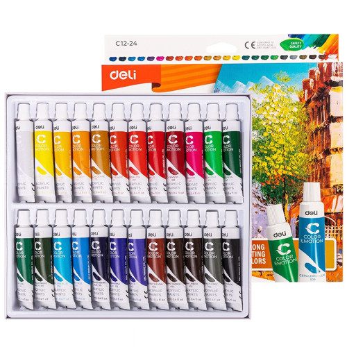 Краски акриловые DELI "Color Emotion" художественные, глянцевые, 24 цвета по 12 мл., картон