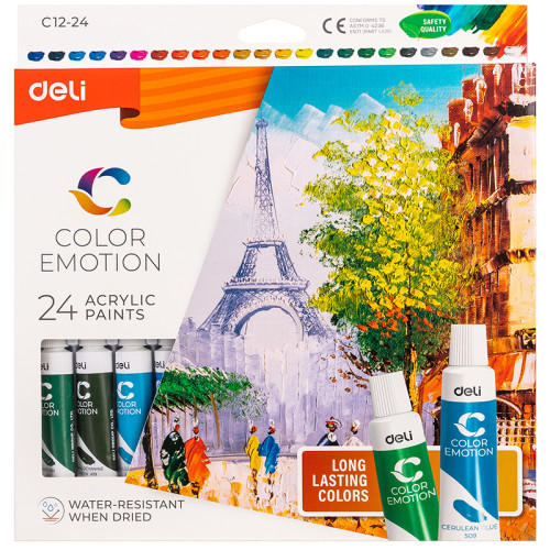 Краски акриловые DELI "Color Emotion" художественные, глянцевые, 24 цвета по 12 мл., картон