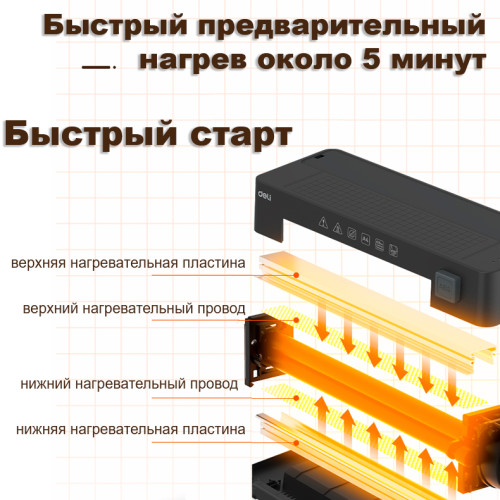 Ламинатор DELI "ET109" формат A4 (260 мм/мин), черный Ламинатор DELI "ET109" формат A4 (260 мм/мин), черный