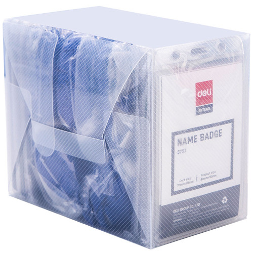 Бейдж вертикальный DELI 80x128 мм (70x105 мм), на шнурке, синий