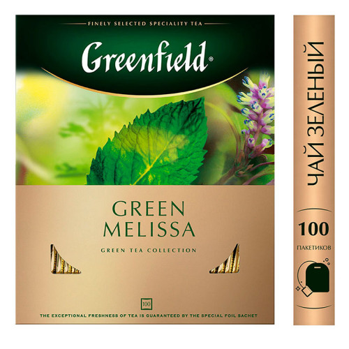 Чай Greenfield Green Melissa зеленый с мятой и мелиссой, 100 пакетиков