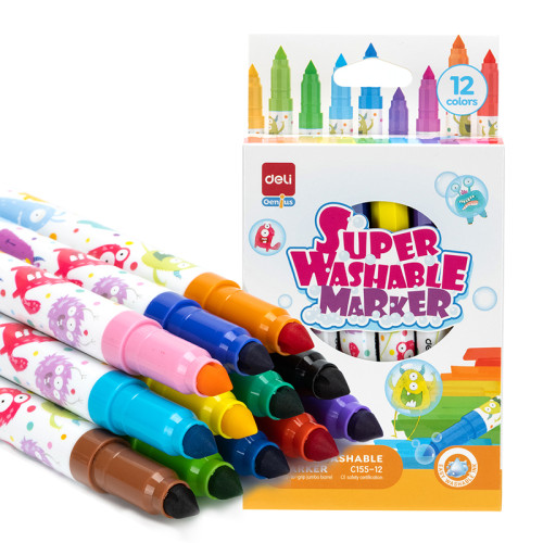 Фломастеры Deli "Super Washable", 12 цветов, круглый корпус, картонная упаковка