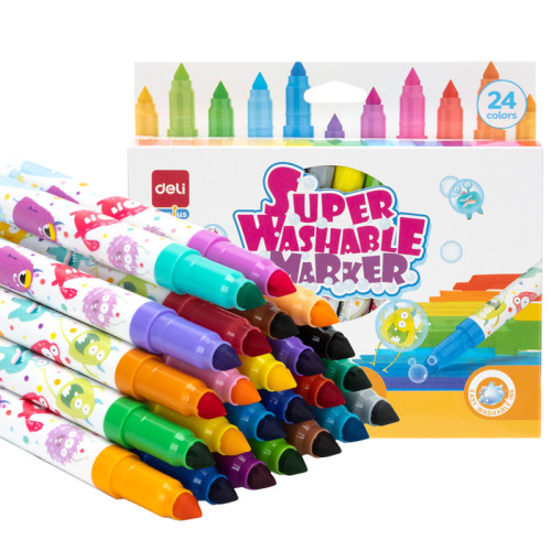 Фломастеры Deli "Super Washable", 24 цвета, круглый корпус, картонная упаковка