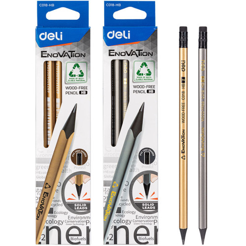 Карандаш DELI "EnoVation", НВ, трехгранный корпус, пластик, с ластиком, ассорти