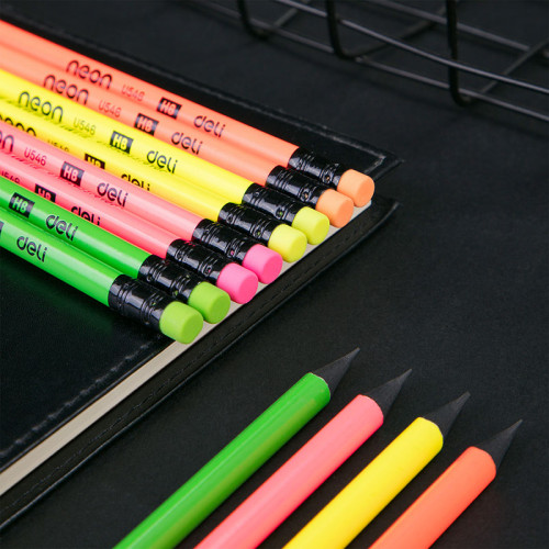 Карандаш DELI "EnoVation", НВ, трехгранный корпус, пластик, с ластиком,  неоновые ассорти