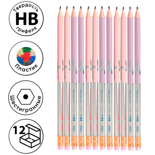 Карандаш DELI "Macaron", НВ, шестигранный корпус, пластик, с ластиком, ассорти