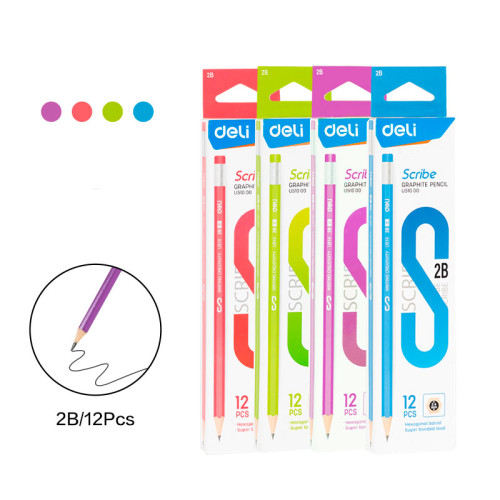 Карандаш DELI "Scribe" , 2В, шестигранный корпус, дерево, с ластиком, ассорти
