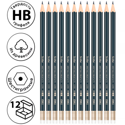 Карандаш DELI "Scribe", НВ, шестигранный корпус, дерево, с ластиком, темно-синий
